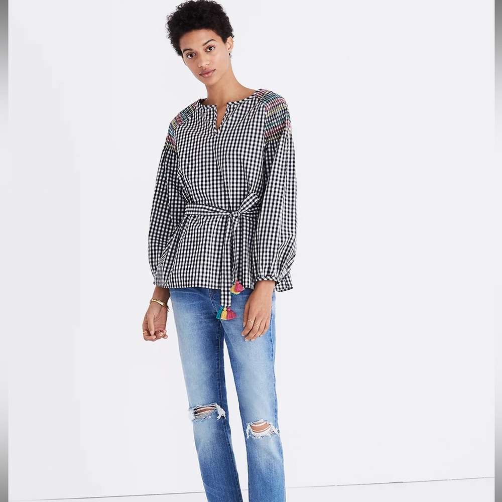 Madewell Smocked Black & White Checkered Gingham Tassel Top with Embroidery S